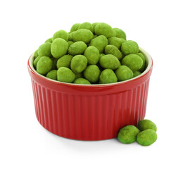 Wasabi coated peanuts in bowl isolated on white