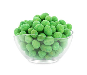 Wasabi coated peanuts in bowl isolated on white
