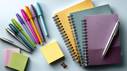 Fototapeta premium A vibrant collection of colorful pens, notebooks, sticky notes, and paperclips on a desk. Perfect for office, school, or creative workspace themes.