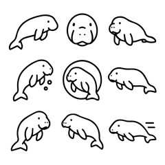 A collection of minimalist line art illustrations featuring adorable manatees in various poses.