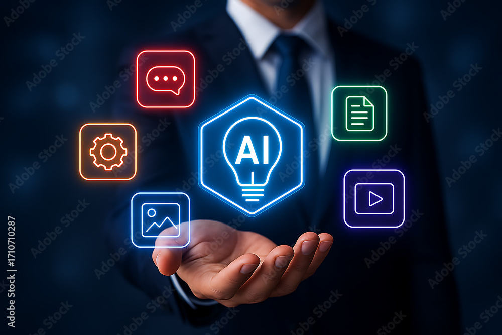 Poster artificial intelligence solutions concept, a hand holds a glowing hexagon with an ai icon surrounded