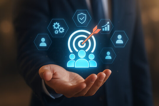 Business targeting and market analysis, a hand holds a holographic display with a central target and dart, surrounded by icons representing audience, strategy, and analytics