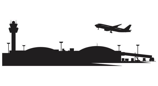 Airport silhouette featuring a control tower and airplane taking off