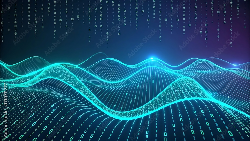 Wall mural abstract digital wave with binary code background vibrant teal and blue