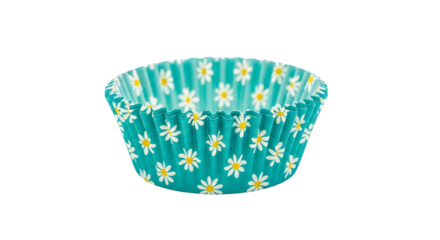 Teal paper baking cup with daisy print isolated on transparent background