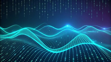 Abstract digital wave with binary code background vibrant teal and blue