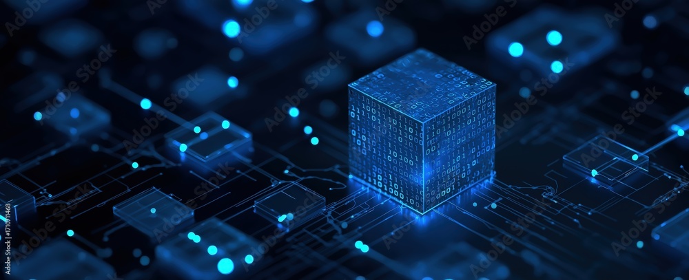 Poster a futuristic digital cube surrounded by glowing circuitry, representing technology, data, and advanc