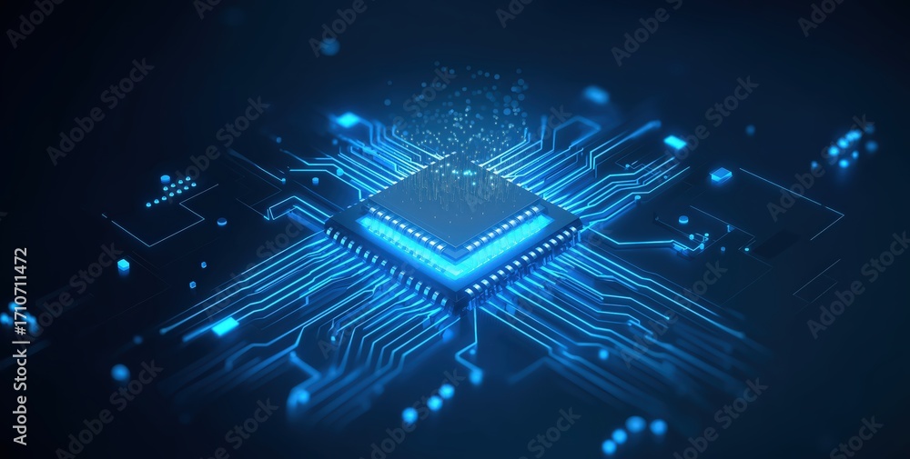 Poster a futuristic depiction of a microchip with glowing blue circuitry and data particles, symbolizing ad