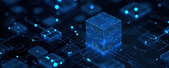 A futuristic digital cube surrounded by glowing circuitry, representing technology, data, and advanced computing.