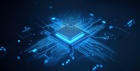A futuristic depiction of a microchip with glowing blue circuitry and data particles, symbolizing advanced technology and digital innovation.