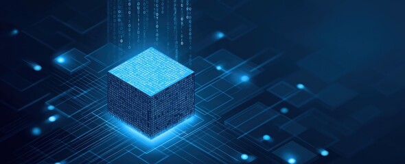 A digital cube emits binary code, surrounded by a network of glowing lines, symbolizing data processing and technology.