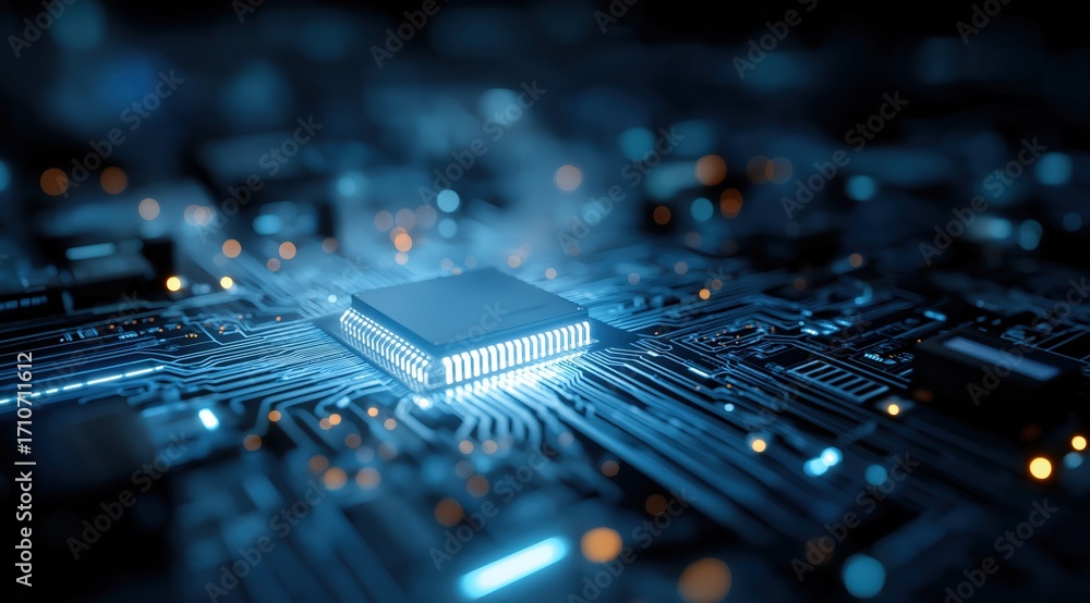 Poster a close-up view of a glowing microchip on a circuit board, highlighting intricate details and electr