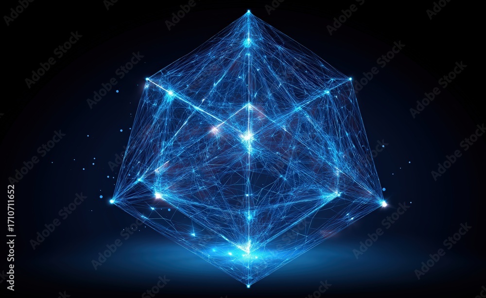 Poster a glowing geometric structure composed of interconnected lines and points, illuminated against a dar