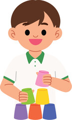 cute boy playing stacking cup, happy kid stacking plastic cups competition, young boy playing cup stacking illustration 