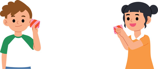 happy kids play making paper cup telephone and play together, smile boy and girl have fun with hand made toy, cute child talk to friend with paper cup telephone illustration