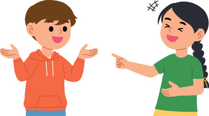 happy boy tell funny story to girl, kids laughing and enjoying conversation, child sharing joke while friend laugh and pointing finger illustration