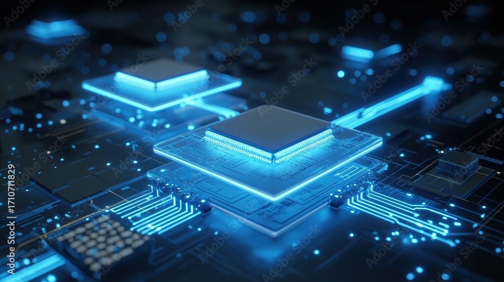 Poster a futuristic digital circuit board with glowing blue elements, featuring interconnected microchips a