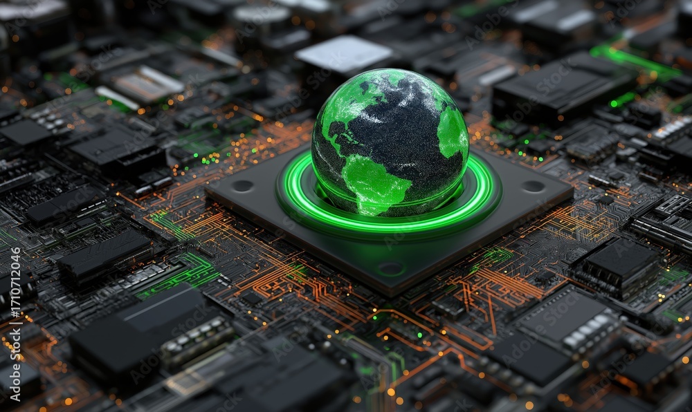 Poster a digital rendering of a globe on a circuit board, symbolizing technology's role in global connectiv