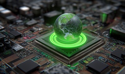 A futuristic globe rests on a circuit board, illuminated with a green glow, symbolizing technology and connectivity in a digital world.