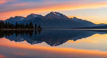 Majestic mountains reflected perfectly in a calm lake with a stunning colorful sky at sunset.