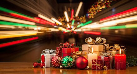 Festive Christmas gifts, red candles, and ornaments arranged on a wooden surface with a background of blurred colorful holiday lights.