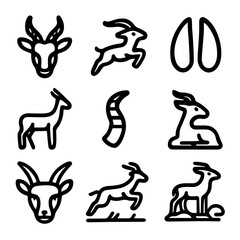 Antelope Icon Set Minimalist Black Line Art Depicting Various Poses and Body Parts.