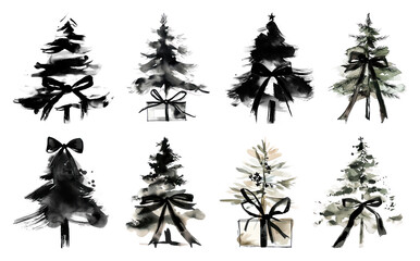 PNG Artistic watercolor Christmas trees, element set on transparent background