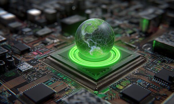 A futuristic globe rests on a circuit board, illuminated with a green glow, symbolizing technology and connectivity in a digital world.