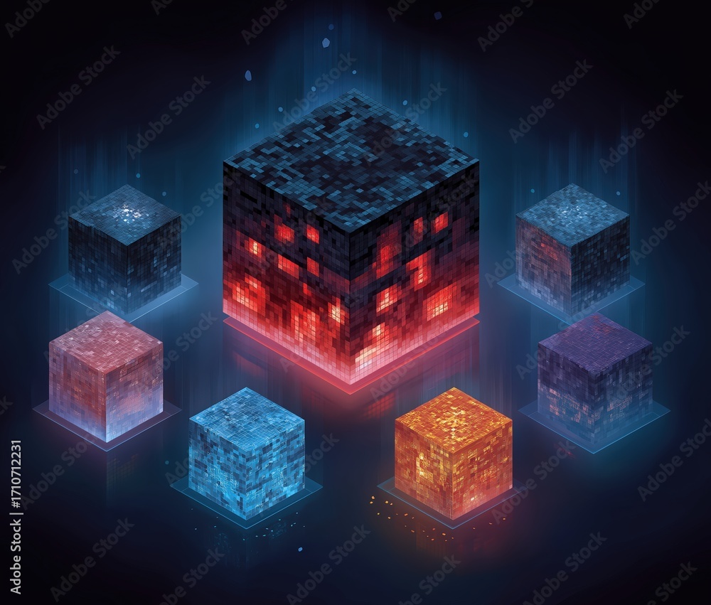 Poster a glowing, abstract cube with fiery and cool elements, surrounded by smaller cubes, creating a dynam