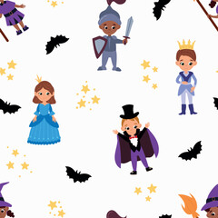 Seamless pattern with children in costumes for Halloween. Design for fabric, textiles, wallpaper, packaging.	