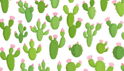 A cheerful and vibrant repeating pattern of various cactus plants, featuring bright green cactus bodies and delicate pink flowers.