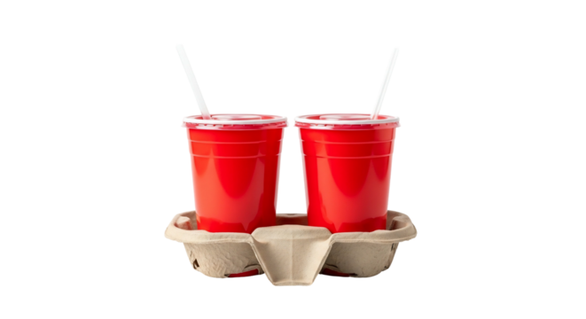 Two red cups with straws in cardboard holder on transparent background - Powered by Adobe