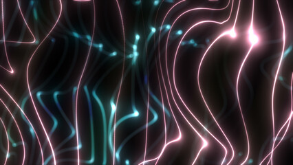 Animated 3d render of glow abstract particles in defocus. Motion background with twisted lines