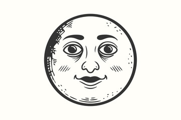 Smiling monochrome moon face shows a happy mood with sketched detail and texture