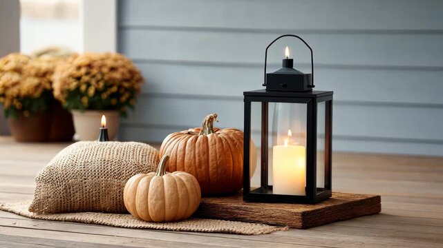 Fall decorations featuring lanterns and pumpkins create a cozy atmosphere on a porch in a charming neighborhood during autumn