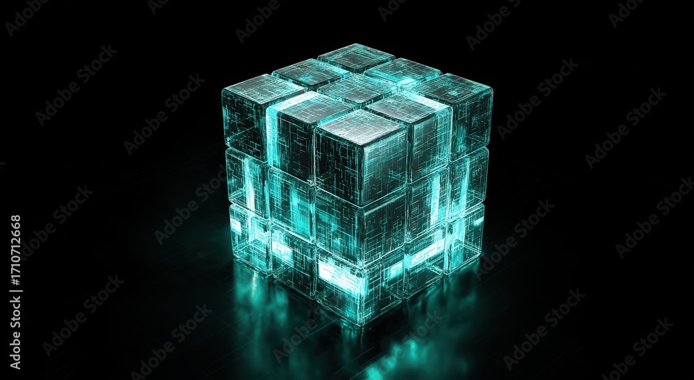 Poster a glowing, transparent cube with intricate patterns sits against a dark background, showcasing a mod