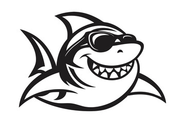 Obraz premium Smiling shark cartoon character wears sunglasses, revealing teeth in black and white vector