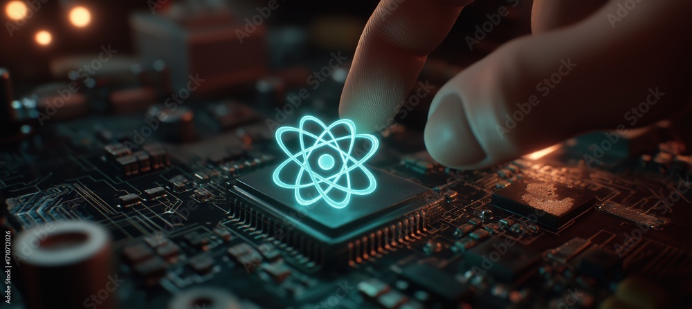 Poster a hand is touching a glowing atom symbol on a circuit board, representing technology and atomic scie