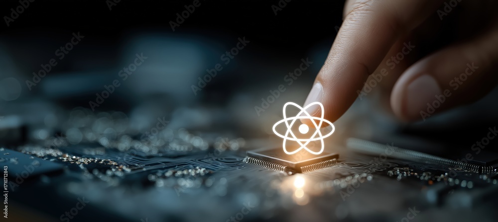 Poster a hand touches a microchip, highlighting a glowing atom symbol, representing technology and innovati