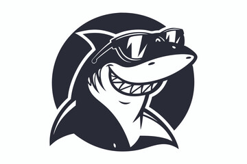Smiling shark wearing cool sunglasses exhibits a playful and comical demeanor against circular background