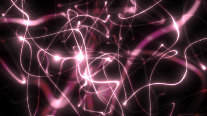Animated 3d render of glow abstract particles in defocus. Motion background with twisted lines