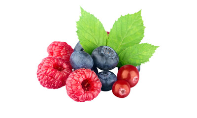 Juicy ripe red raspberries and blueberries isolated on a white background