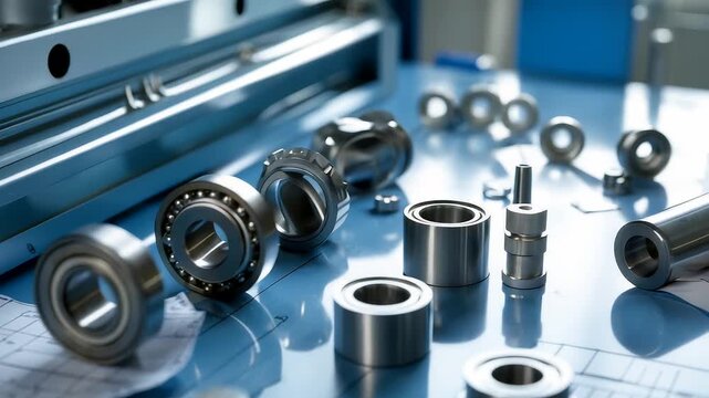 Precision metal ball bearings and mechanical components arranged on engineering blueprint table in workshop with industrial equipment
