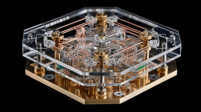 A detailed view of a transparent hexagonal quantum computer chip showcasing its intricate circuitry and components.