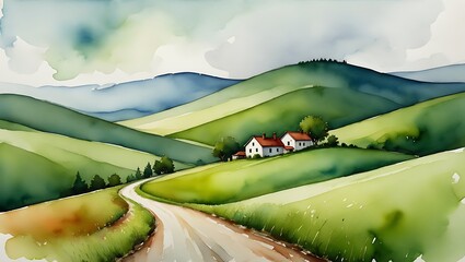 Watercolor Countryside Landscape with Rolling Green Hills and Farmhouse Artwork