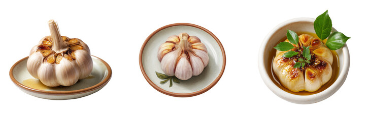 Garlic cloves on white plates culinary showcase transparent background gourmet style