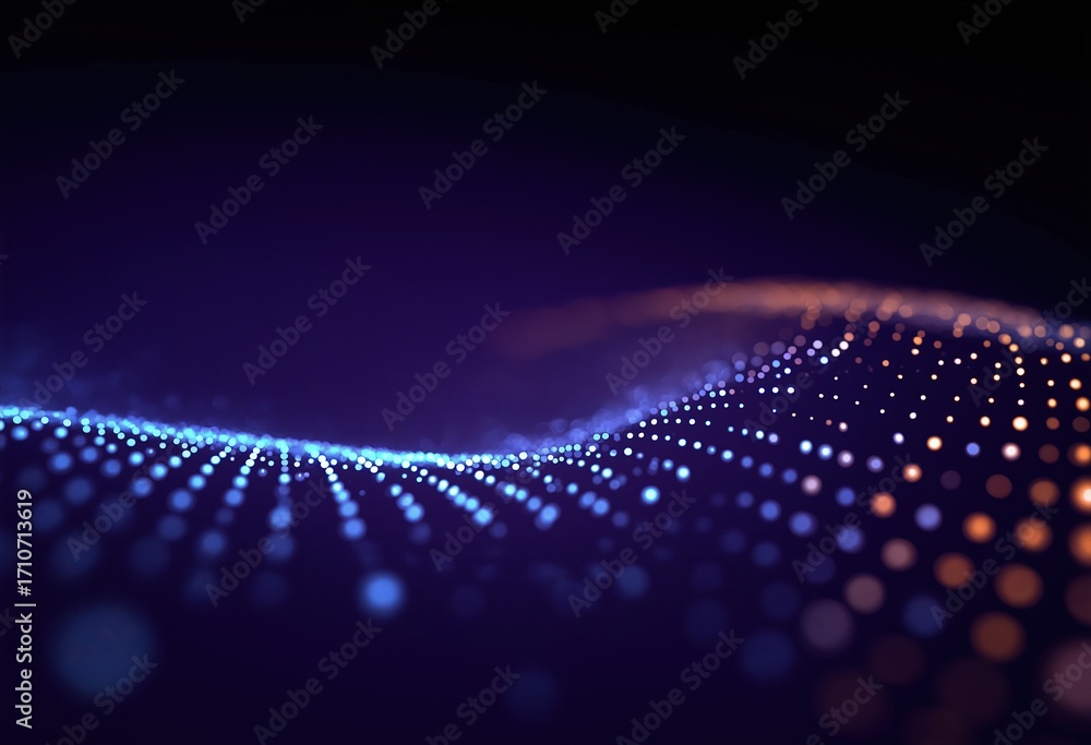 Poster a vibrant abstract image featuring a wave of glowing dots in blue and orange against a dark backgrou