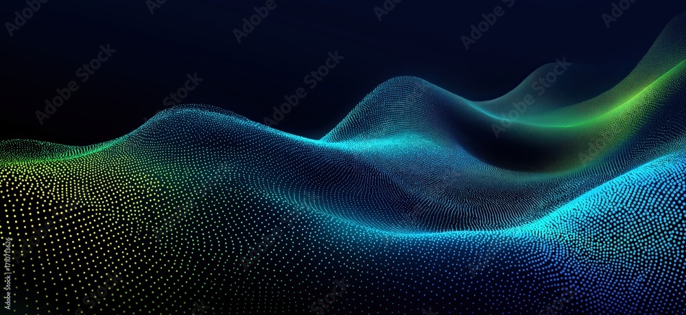 Poster a vibrant digital landscape featuring flowing waves of glowing dots, creating an abstract representa