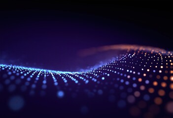 A vibrant abstract image featuring a wave of glowing dots in blue and orange against a dark background, creating a sense of depth and movement.