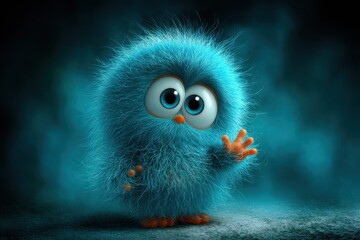 Cute Fluffy Blue Monster Waving Hello Digital Art Illustration Cartoon Character Big Eyes Studio Shot
